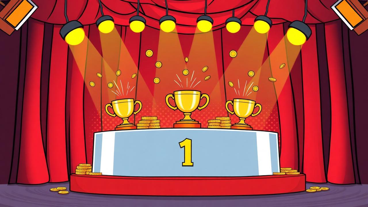 Hello Millions tournament podium with trophies and gold coins